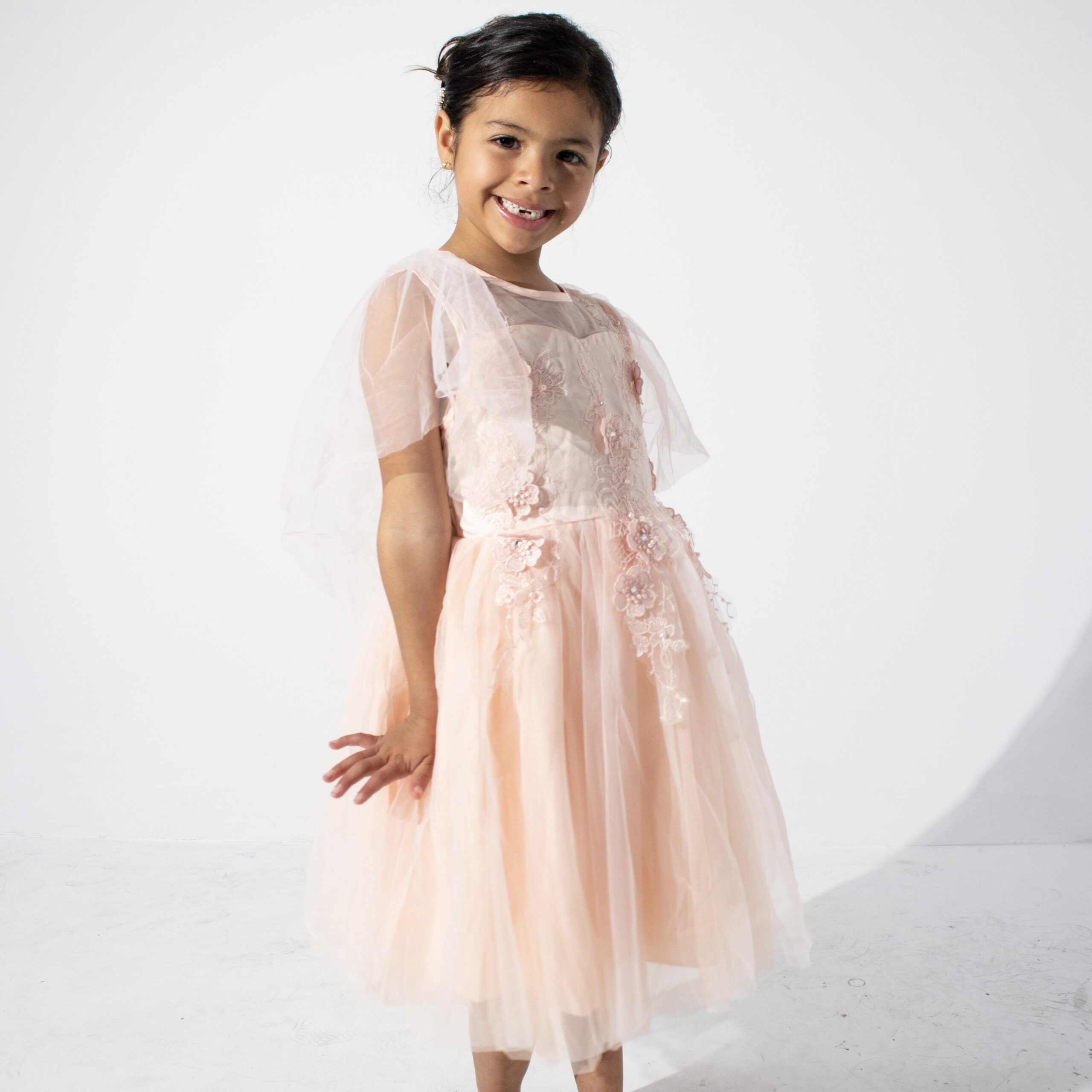 Rose Pink Middle Dress with Floral Appliques