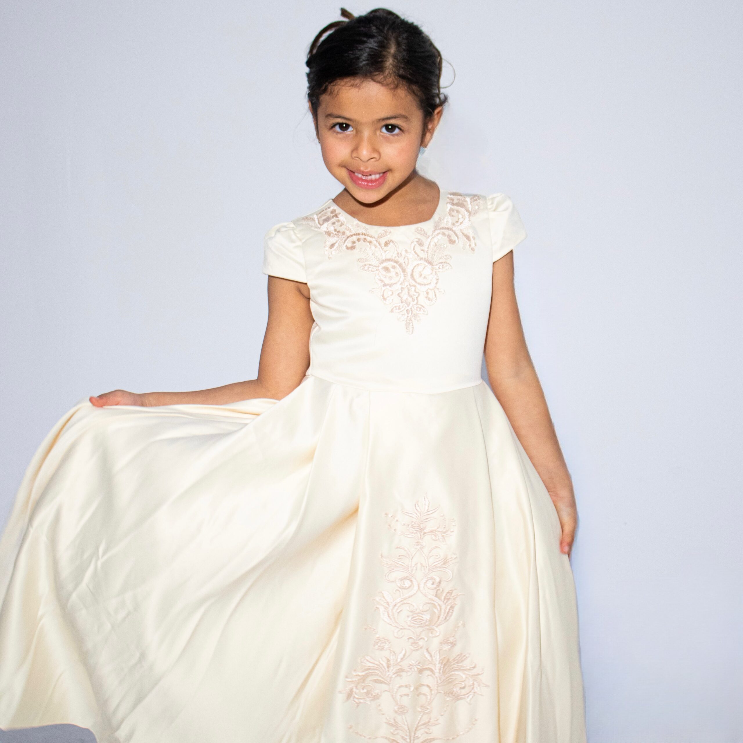 Champagne Long Dress with Floral Embroidery