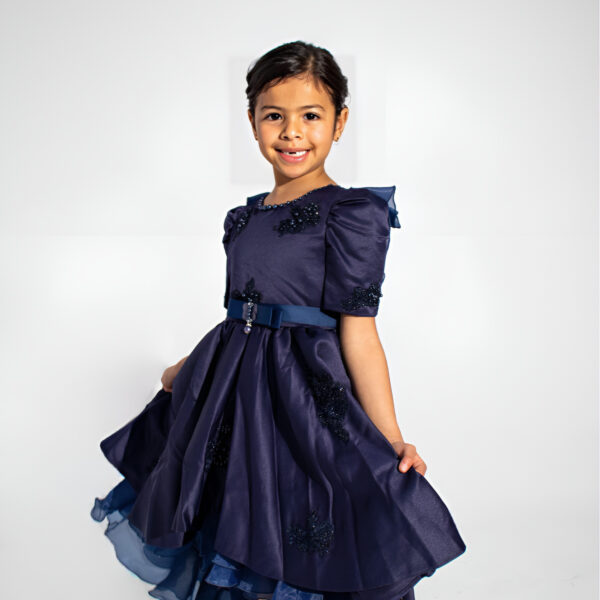 Navy Blue Long Dress with Floral Details